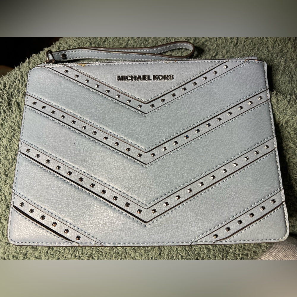 Michael Kors Powder Blue Ellis Studded Leather Clutch XL